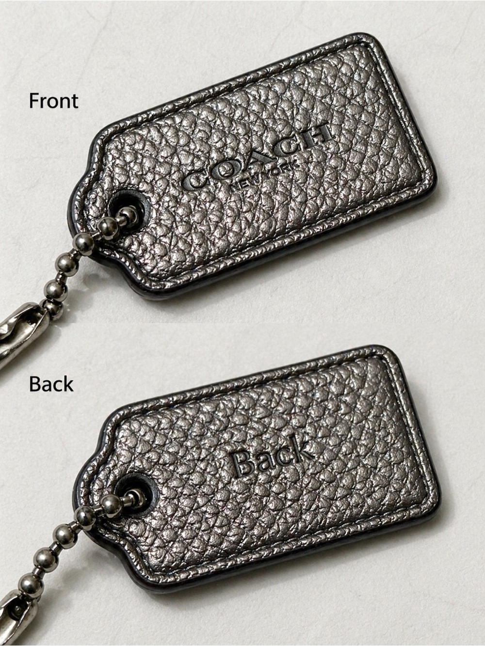 Coach Women’s or Men’s Metallic Pewter Pebbled Leather Tag Keychain